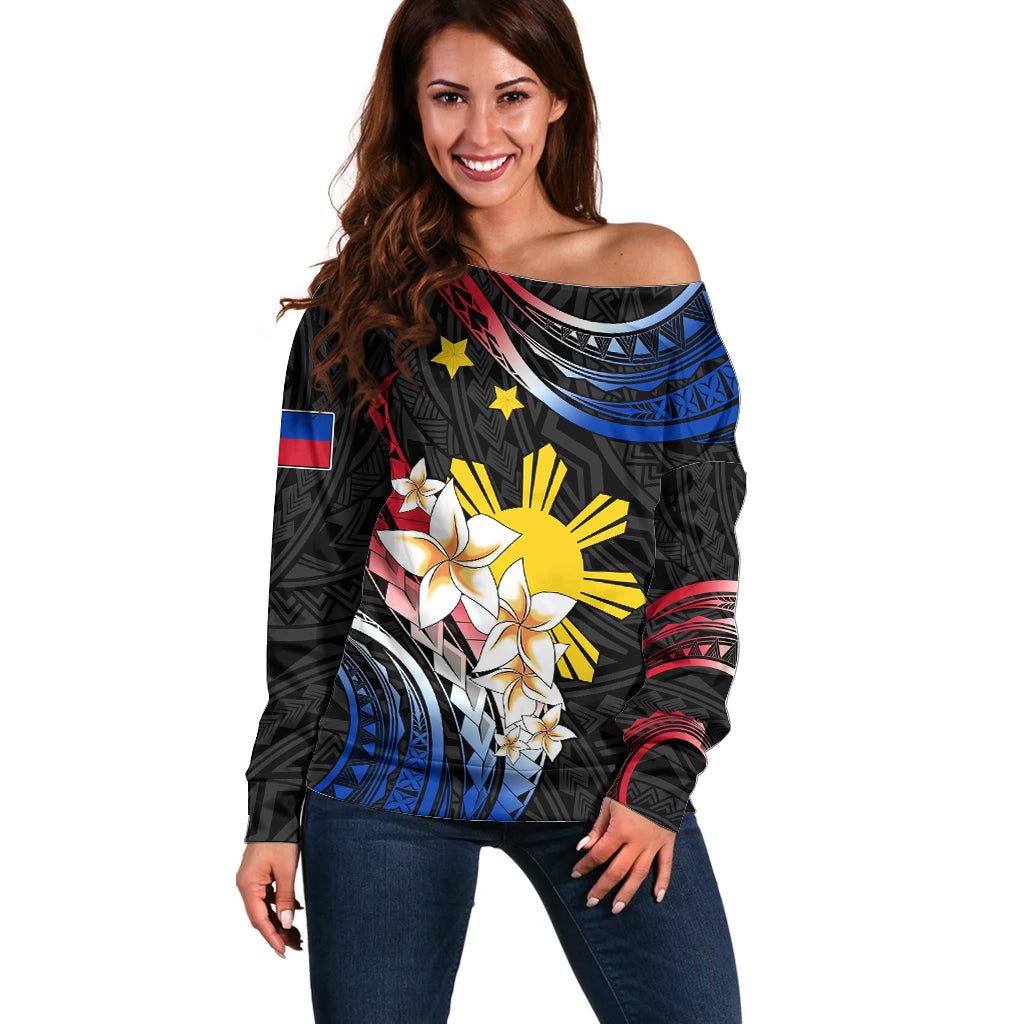 Personalised Philippines Tribal Off Shoulder Sweater Mix Plumeria - Flag Colors LT7 Women Black - Polynesian Pride