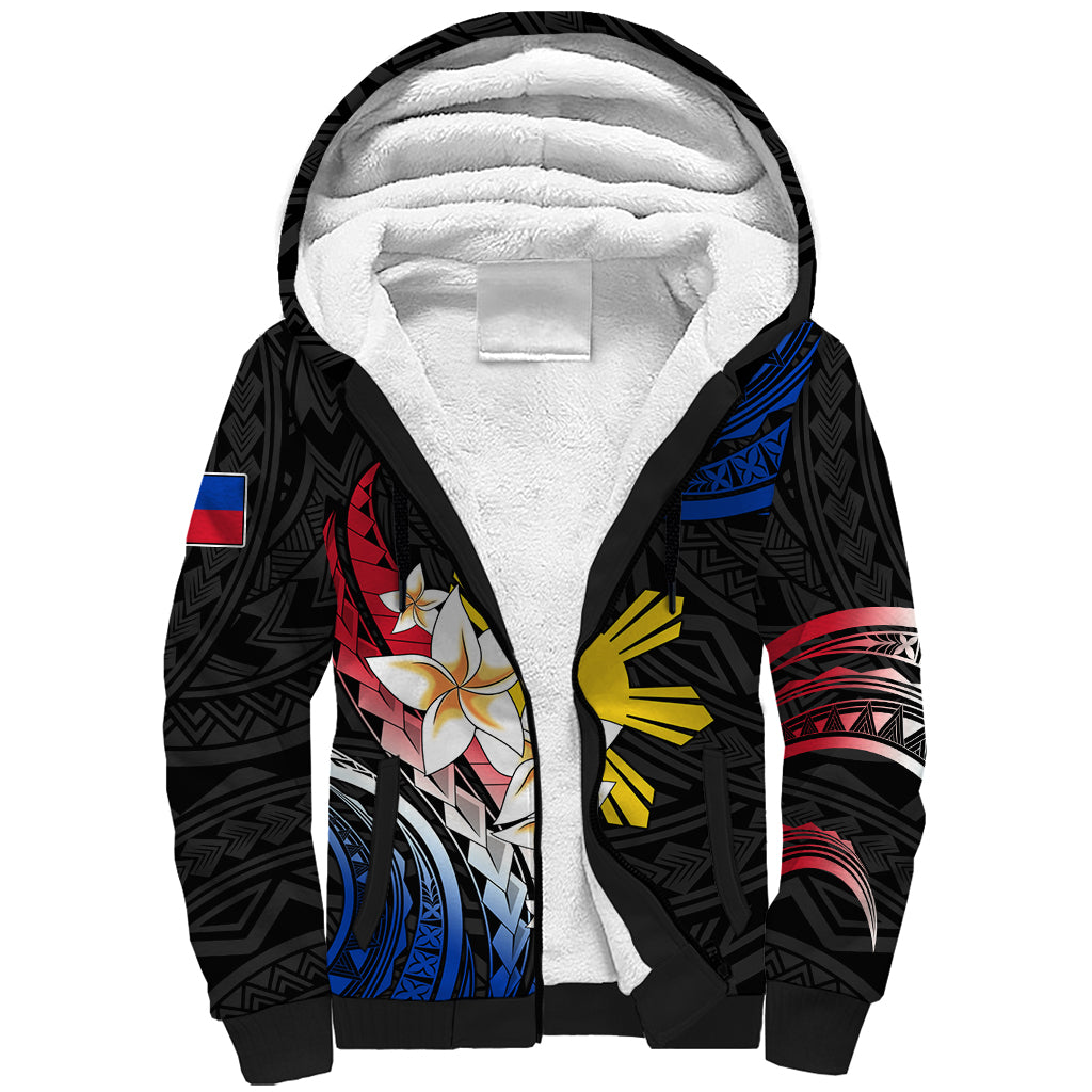 Personalised Philippines Tribal Sherpa Hoodie Mix Plumeria - Flag Colors LT7 Unisex Black - Polynesian Pride