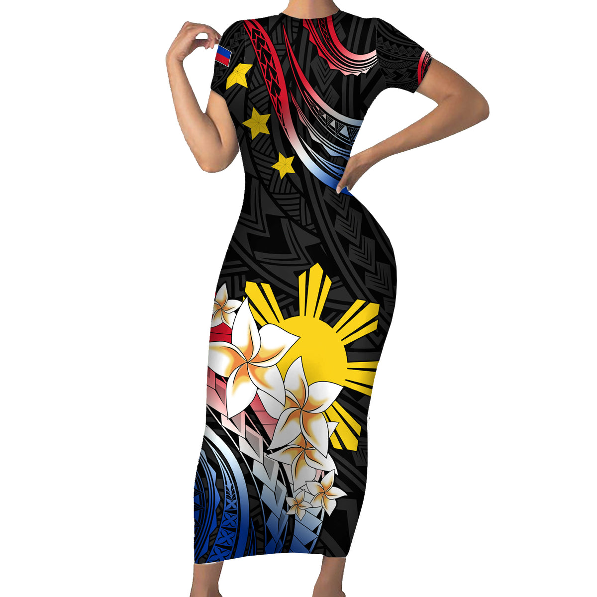 Personalised Philippines Tribal Short Sleeve Bodycon Dress Mix Plumeria - Flag Colors LT7 Long Dress Black - Polynesian Pride