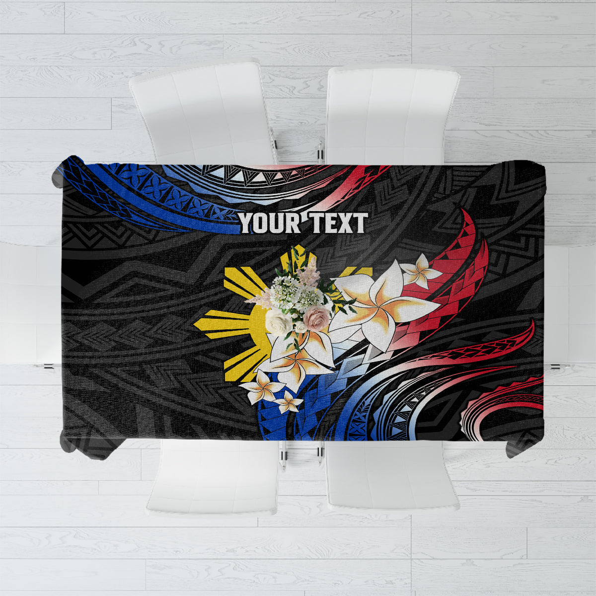 Personalised Philippines Tribal Tablecloth Mix Plumeria - Flag Colors LT7 Black - Polynesian Pride