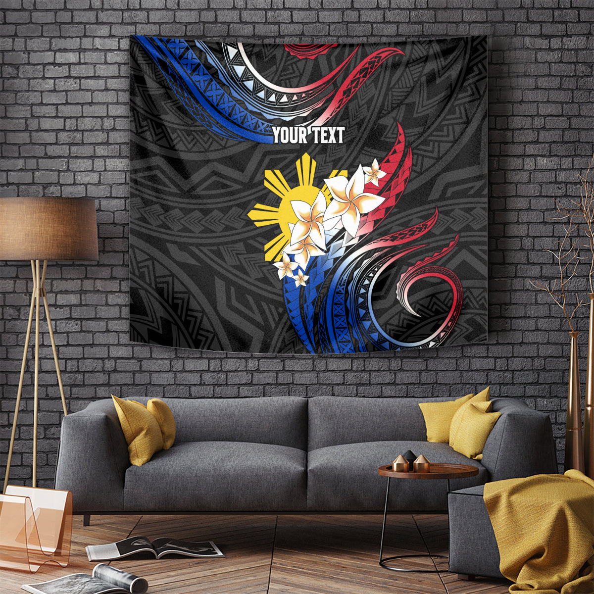 Personalised Philippines Tribal Tapestry Mix Plumeria - Flag Colors LT7 Black - Polynesian Pride