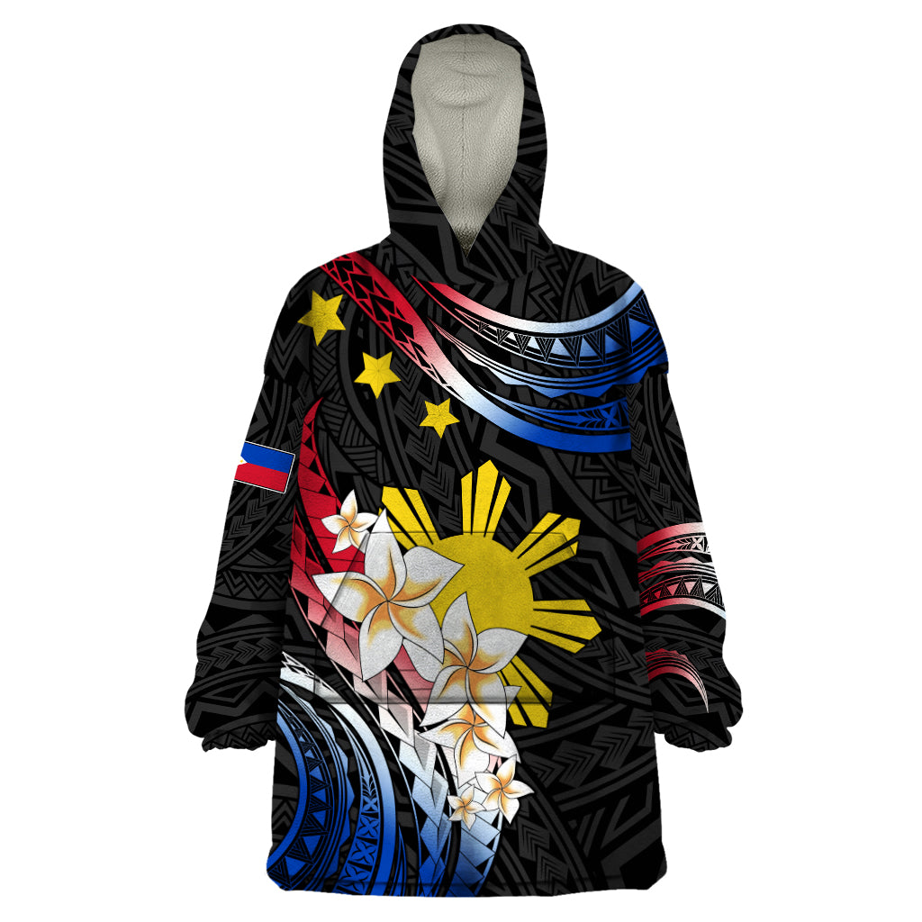 Personalised Philippines Tribal Wearable Blanket Hoodie Mix Plumeria - Flag Colors LT7 One Size Black - Polynesian Pride