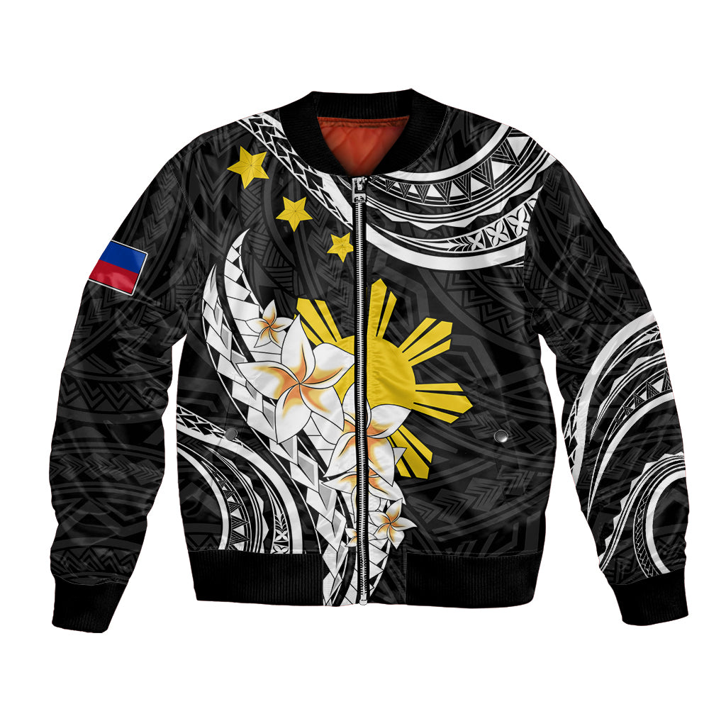 Personalised Philippines Tribal Bomber Jacket Mix Plumeria LT7 Unisex Black - Polynesian Pride
