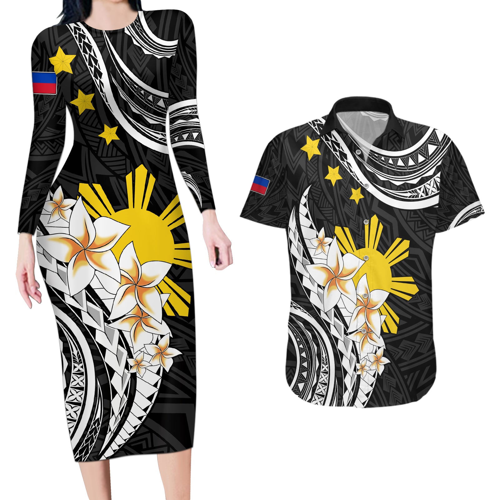 Personalised Philippines Tribal Couples Matching Long Sleeve Bodycon Dress and Hawaiian Shirt Mix Plumeria LT7 Black - Polynesian Pride