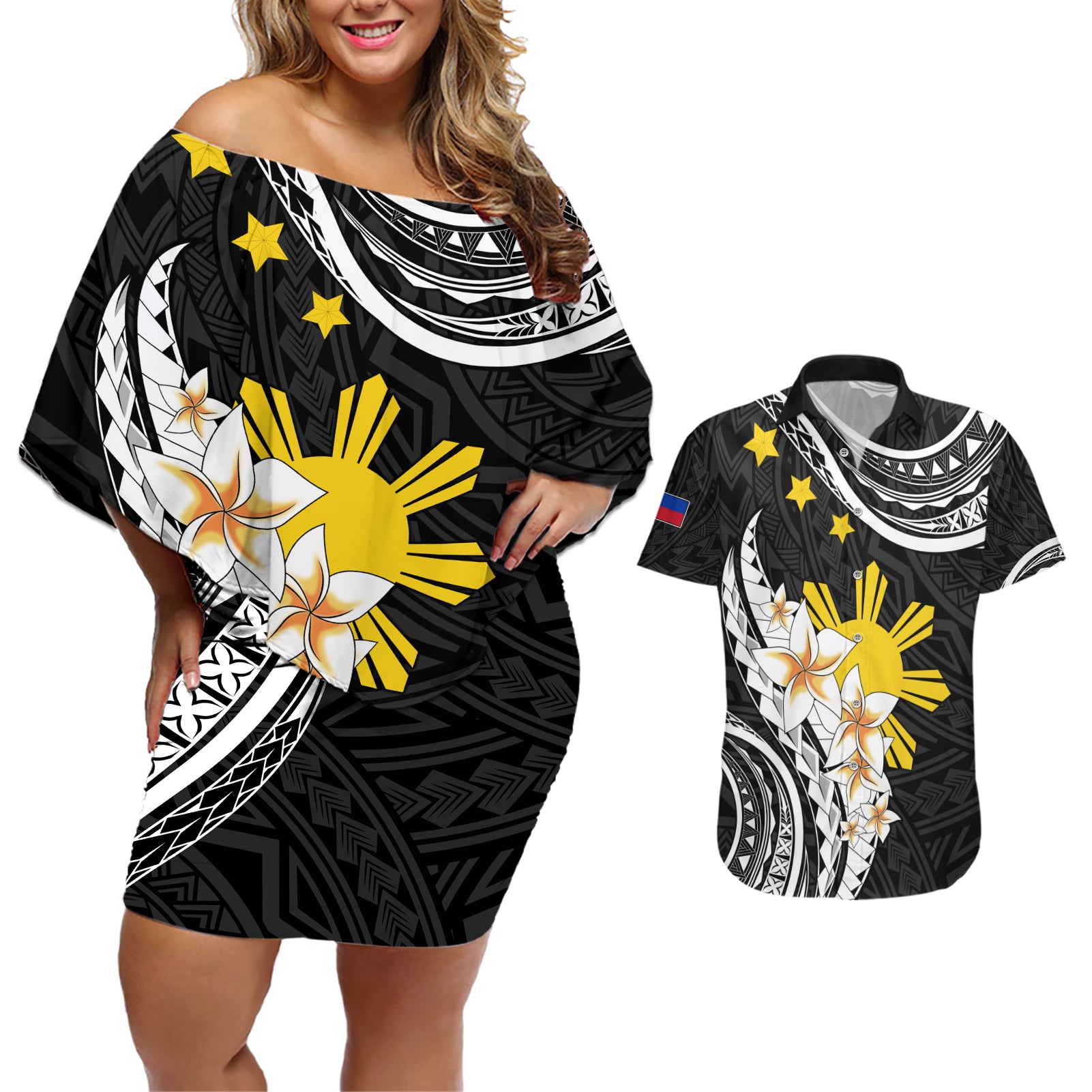 Personalised Philippines Tribal Couples Matching Off Shoulder Short Dress and Hawaiian Shirt Mix Plumeria LT7 Black - Polynesian Pride