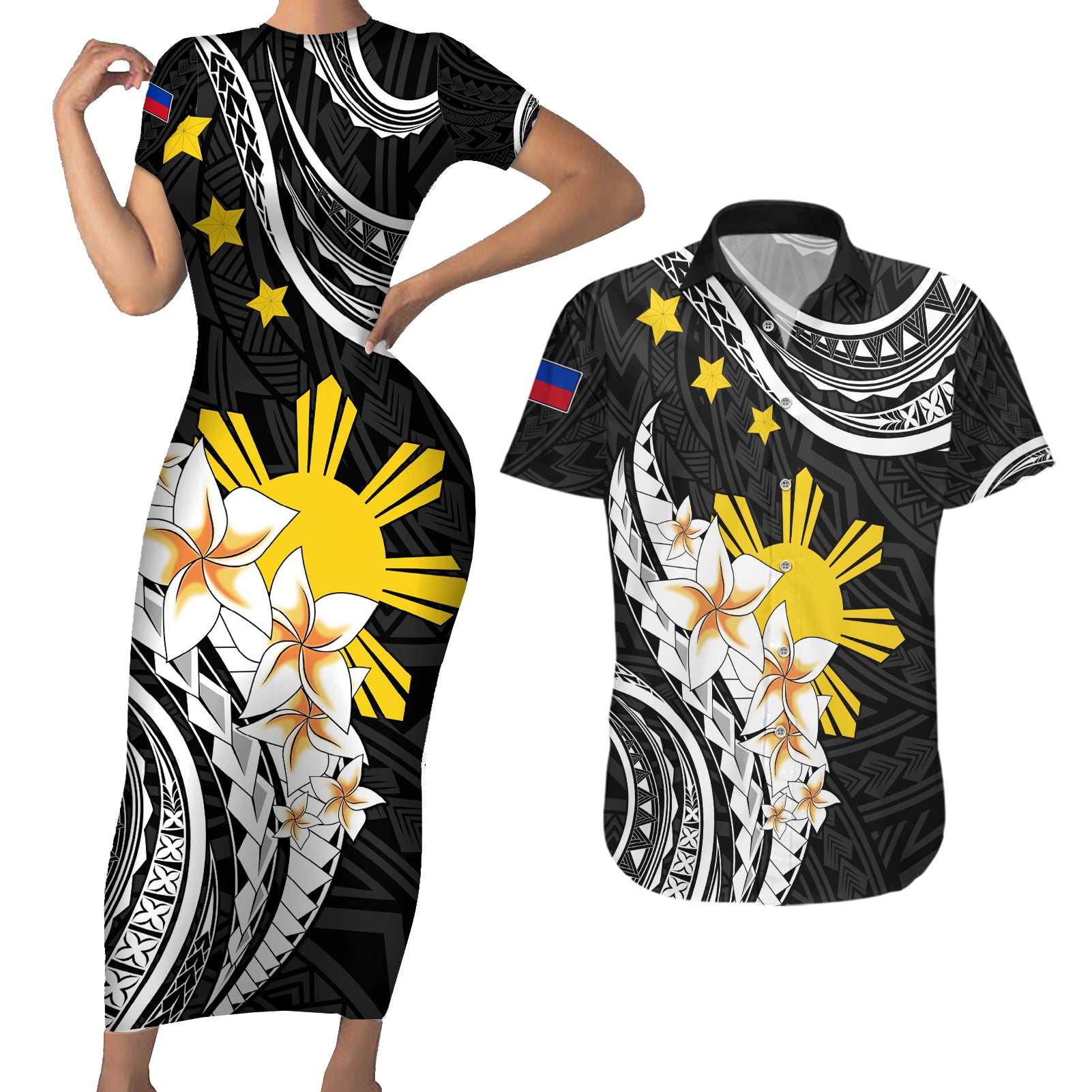 Personalised Philippines Tribal Couples Matching Short Sleeve Bodycon Dress and Hawaiian Shirt Mix Plumeria LT7 Black - Polynesian Pride