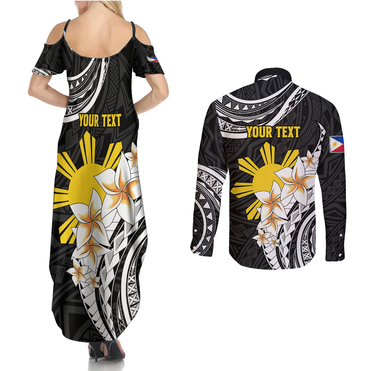 Personalised Philippines Tribal Couples Matching Summer Maxi Dress and Long Sleeve Button Shirt Mix Plumeria LT7 - Polynesian Pride