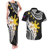 Personalised Philippines Tribal Couples Matching Tank Maxi Dress and Hawaiian Shirt Mix Plumeria LT7 Black - Polynesian Pride