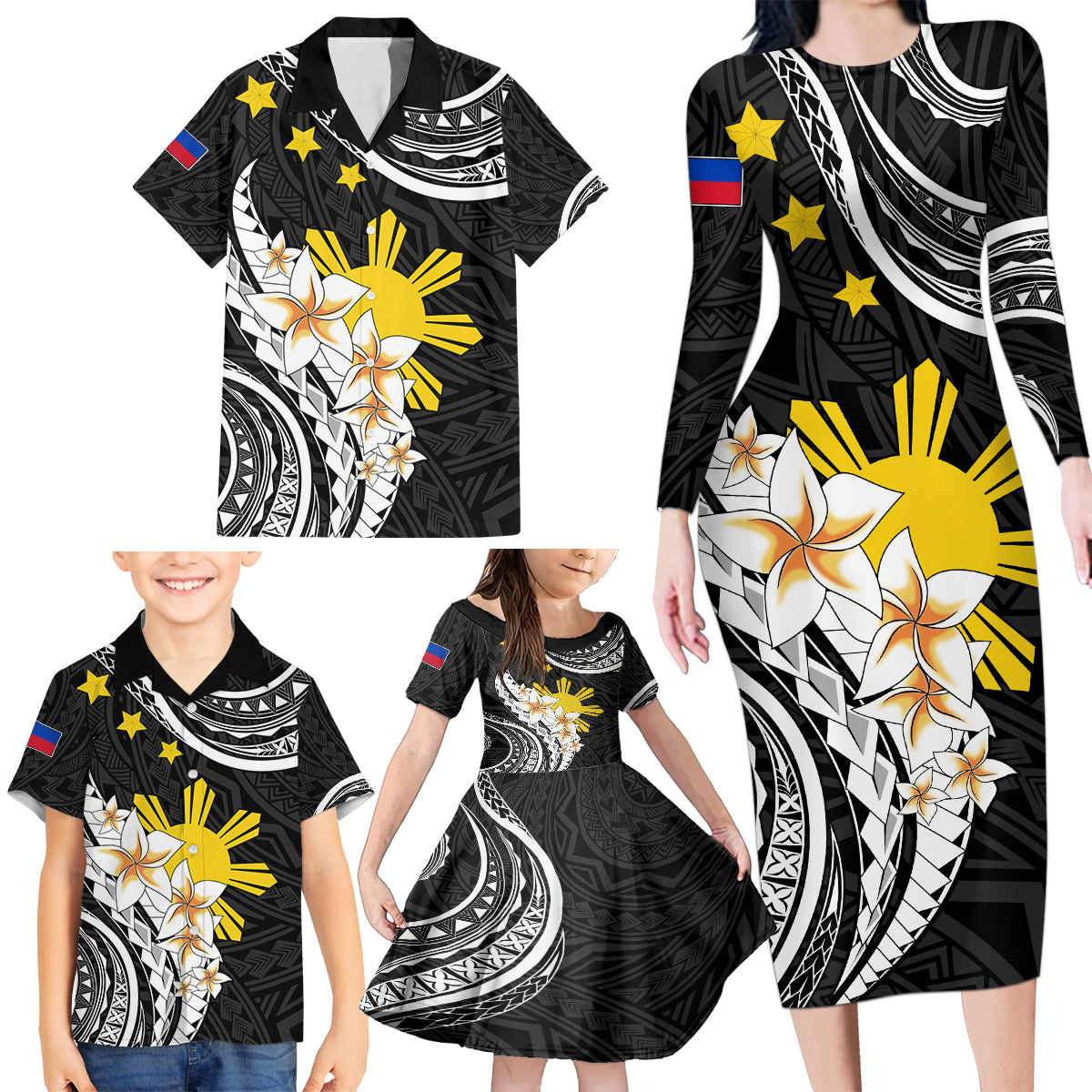 Personalised Philippines Tribal Family Matching Long Sleeve Bodycon Dress and Hawaiian Shirt Mix Plumeria LT7 - Polynesian Pride