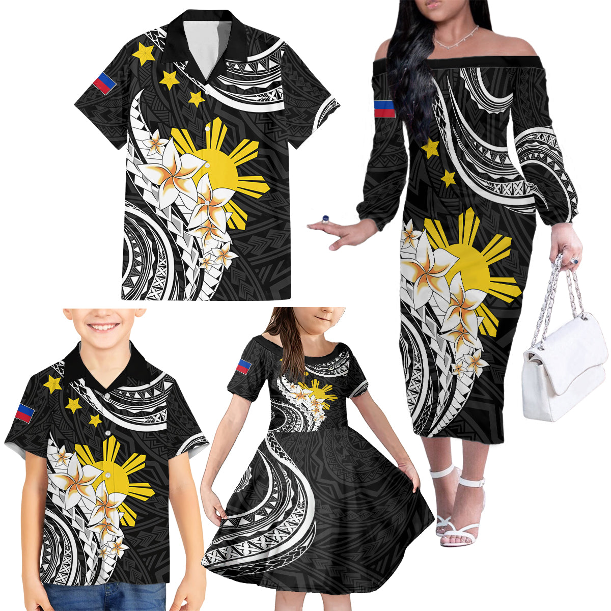 Personalised Philippines Tribal Family Matching Off Shoulder Long Sleeve Dress and Hawaiian Shirt Mix Plumeria LT7 - Polynesian Pride