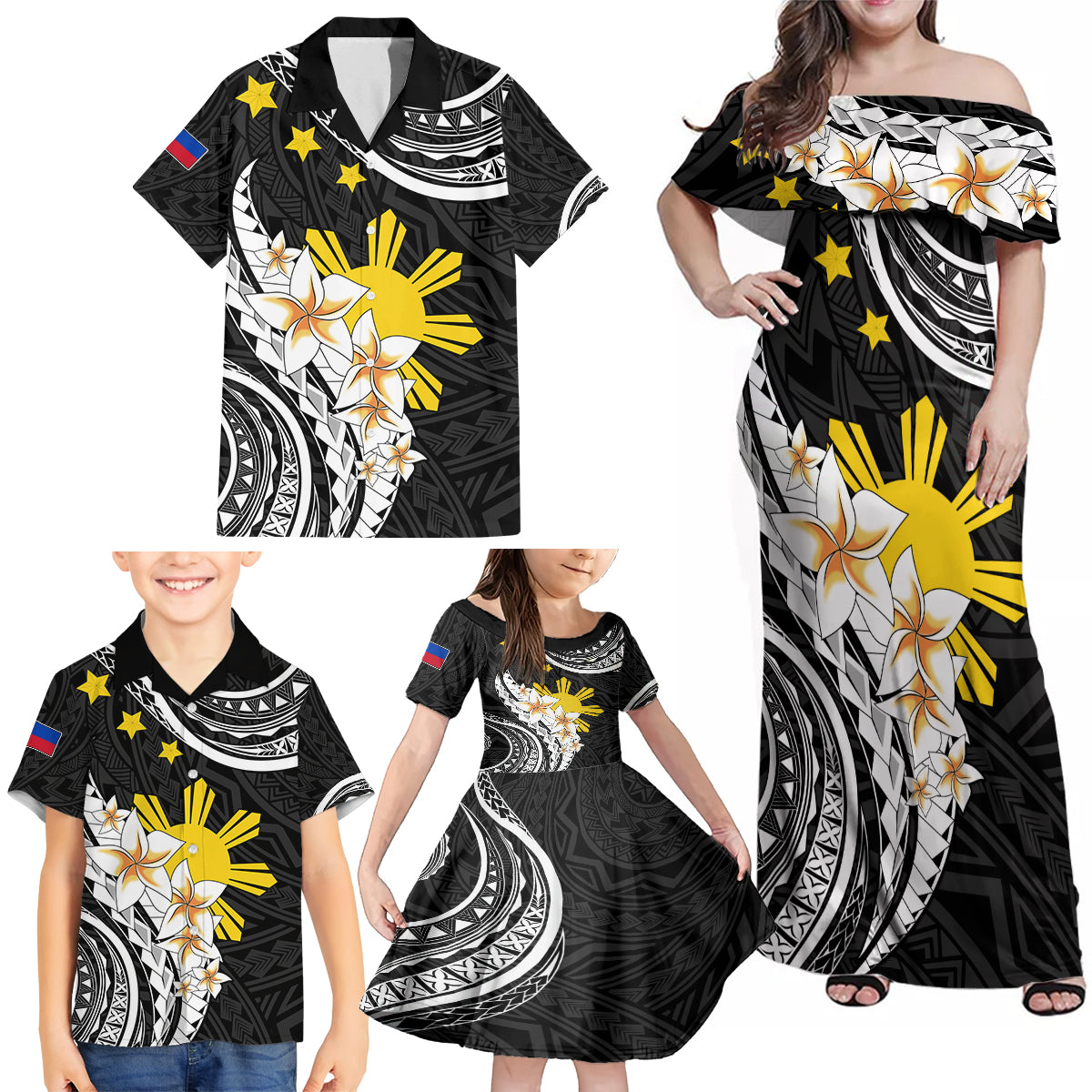 Personalised Philippines Tribal Family Matching Off Shoulder Maxi Dress and Hawaiian Shirt Mix Plumeria LT7 - Polynesian Pride