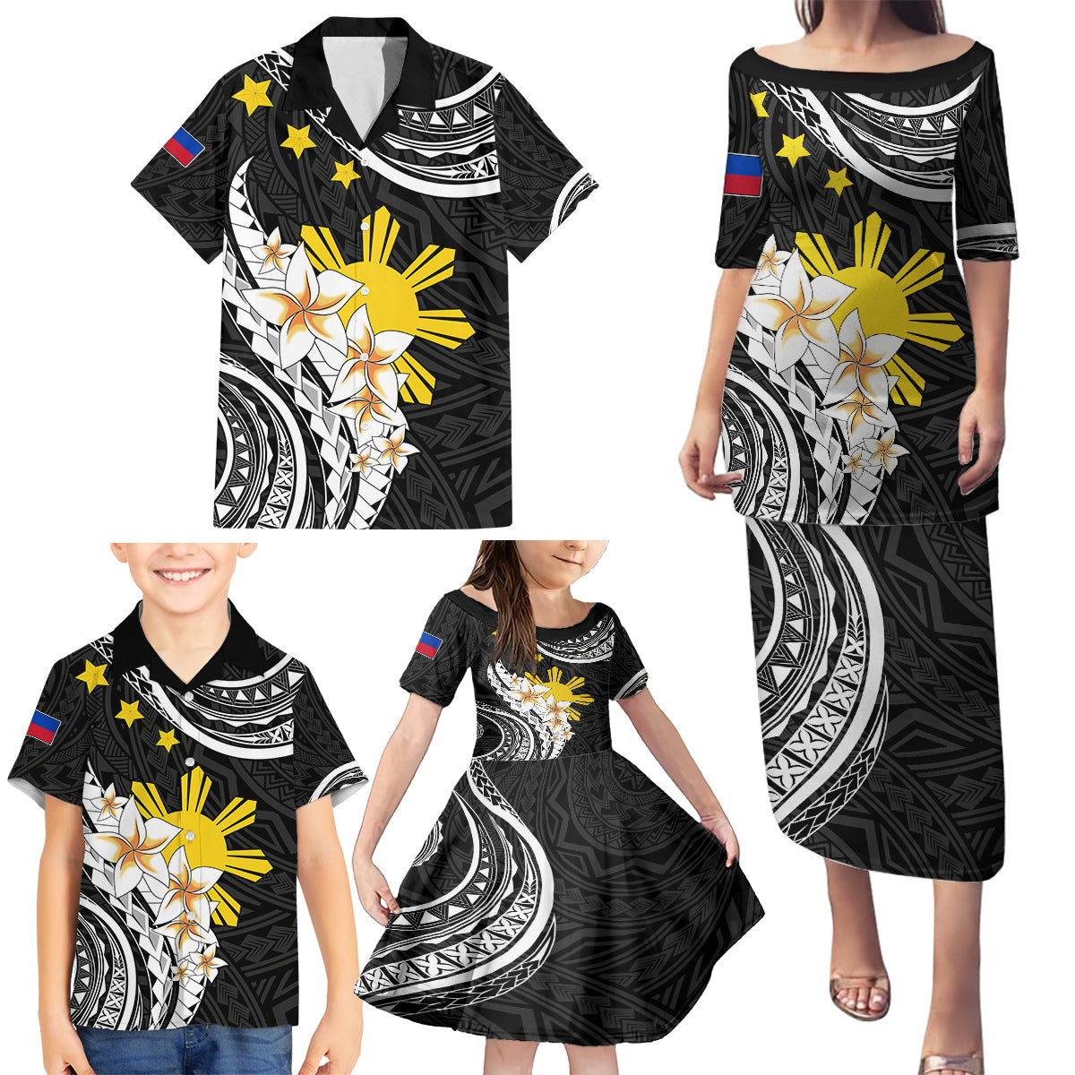 Personalised Philippines Tribal Family Matching Puletasi Dress and Hawaiian Shirt Mix Plumeria LT7 - Polynesian Pride