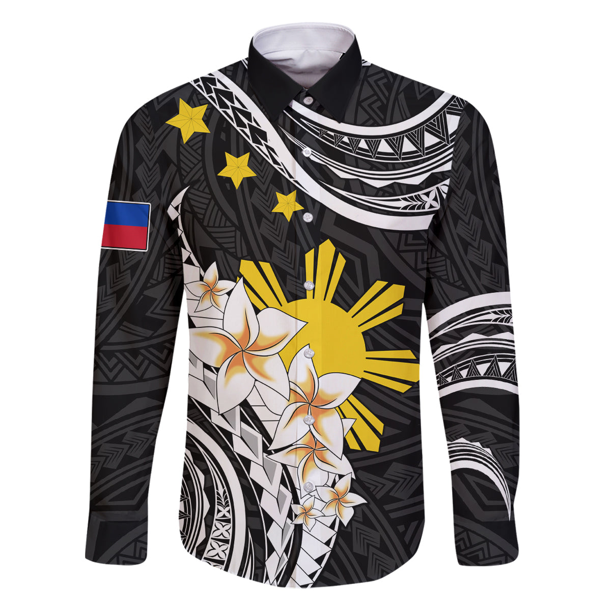 Personalised Philippines Tribal Family Matching Puletasi Dress and Hawaiian Shirt Mix Plumeria LT7 Dad's Shirt - Long Sleeve Black - Polynesian Pride