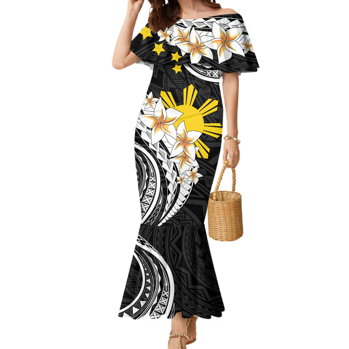 Personalised Philippines Tribal Mermaid Dress Mix Plumeria LT7 Women Black - Polynesian Pride