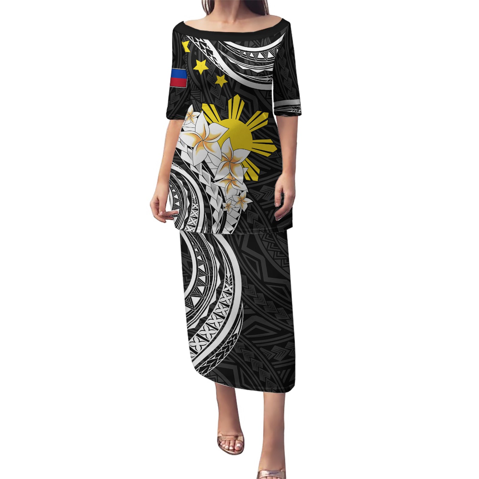 Personalised Philippines Tribal Puletasi Mix Plumeria LT7 Long Dress Black - Polynesian Pride