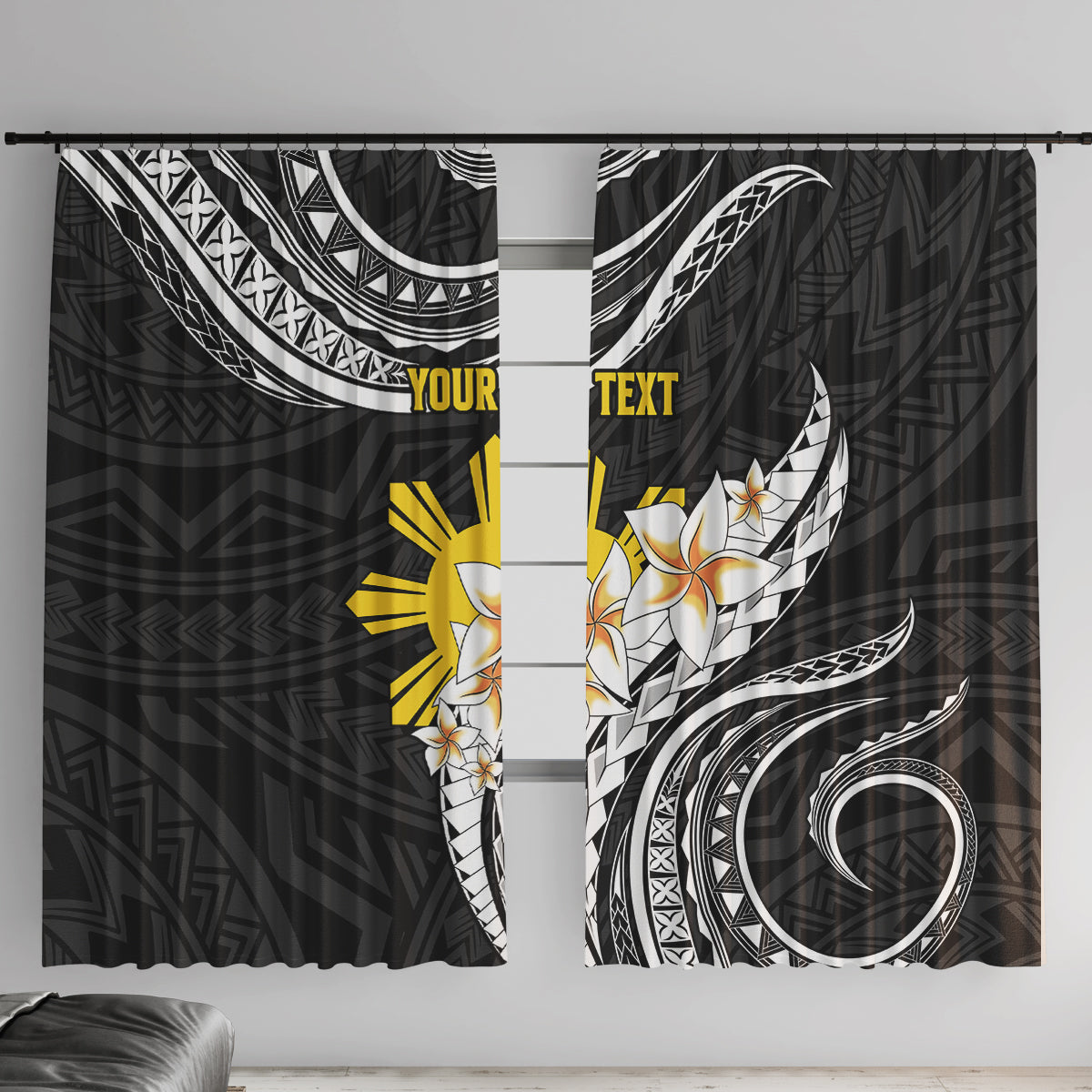 Personalised Philippines Tribal Window Curtain Mix Plumeria LT7 With Hooks Black - Polynesian Pride