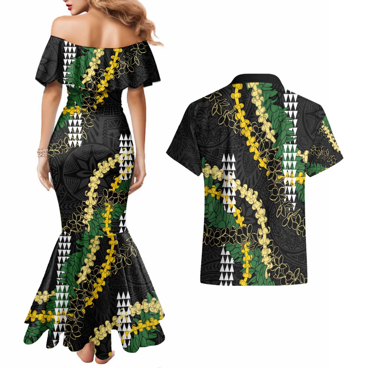 Hawaii Aloha Kakau Couples Matching Mermaid Dress and Hawaiian Shirt Puakenikeni and Maile Lei Twist
