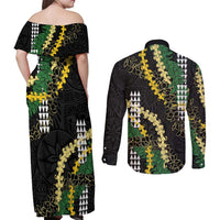 Hawaii Aloha Kakau Couples Matching Off Shoulder Maxi Dress and Long Sleeve Button Shirt Puakenikeni and Maile Lei Twist