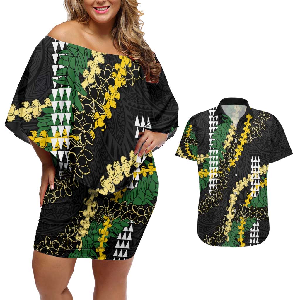 Hawaii Aloha Kakau Couples Matching Off Shoulder Short Dress and Hawaiian Shirt Puakenikeni and Maile Lei Twist
