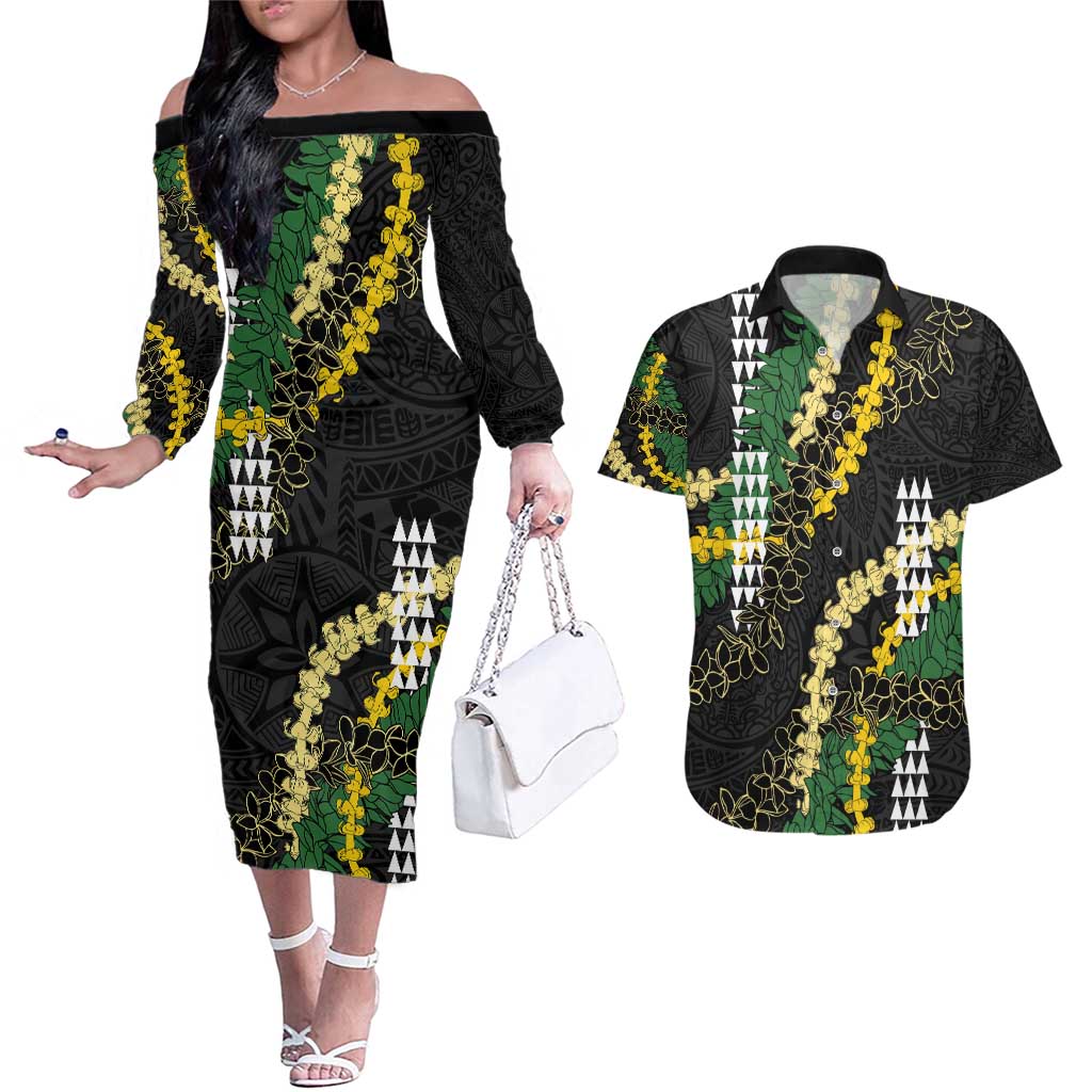 Hawaii Aloha Kakau Couples Matching Off The Shoulder Long Sleeve Dress and Hawaiian Shirt Puakenikeni and Maile Lei Twist