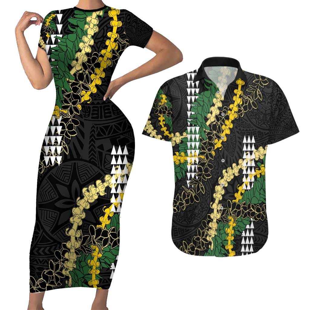 Hawaii Aloha Kakau Couples Matching Short Sleeve Bodycon Dress and Hawaiian Shirt Puakenikeni and Maile Lei Twist