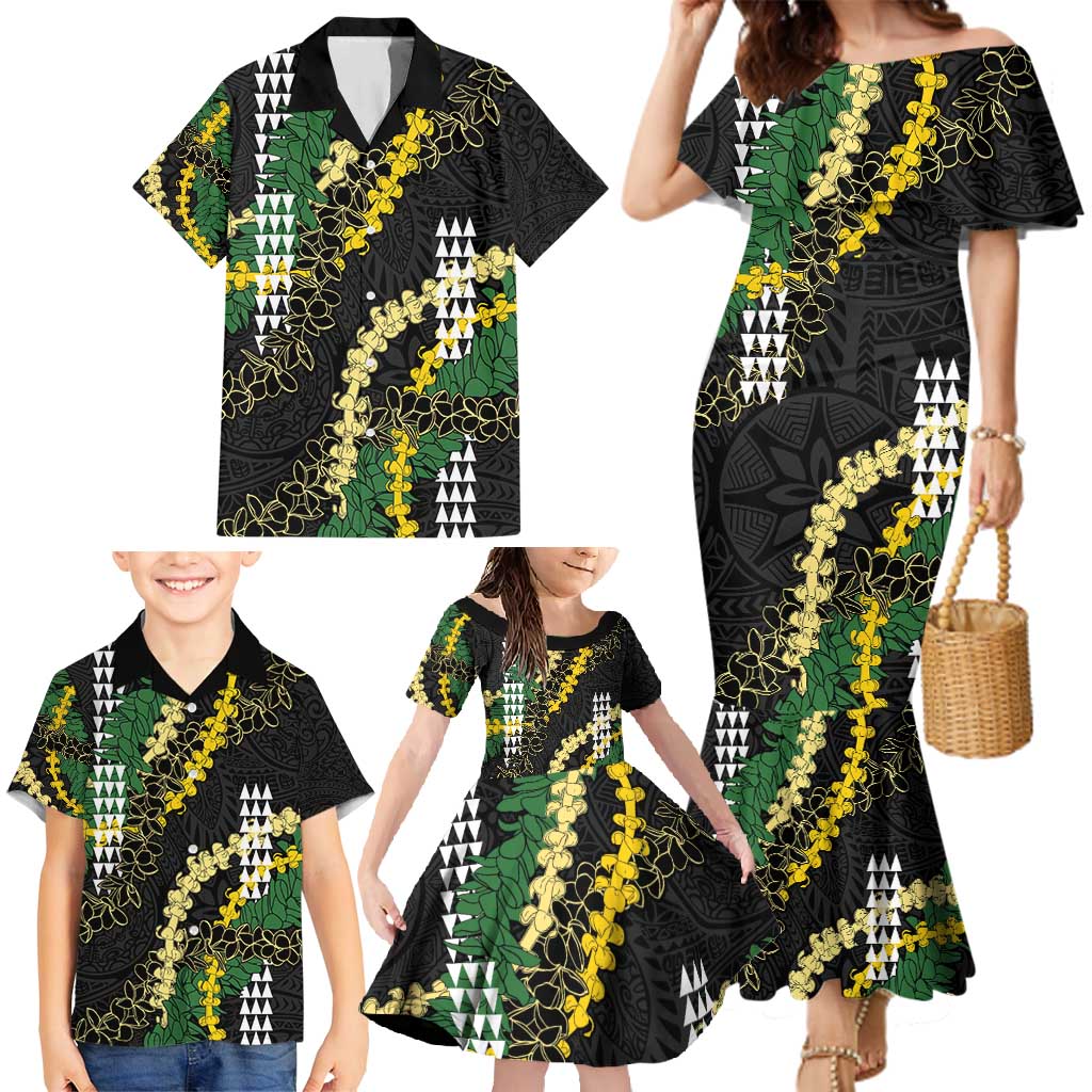 Hawaii Aloha Kakau Family Matching Mermaid Dress and Hawaiian Shirt Puakenikeni and Maile Lei Twist