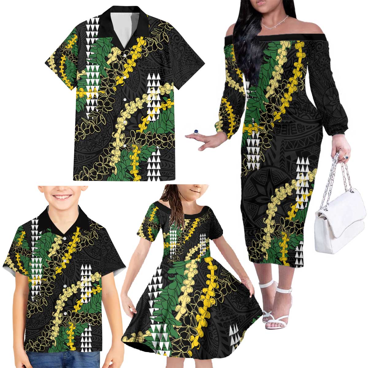 Hawaii Aloha Kakau Family Matching Off The Shoulder Long Sleeve Dress and Hawaiian Shirt Puakenikeni and Maile Lei Twist