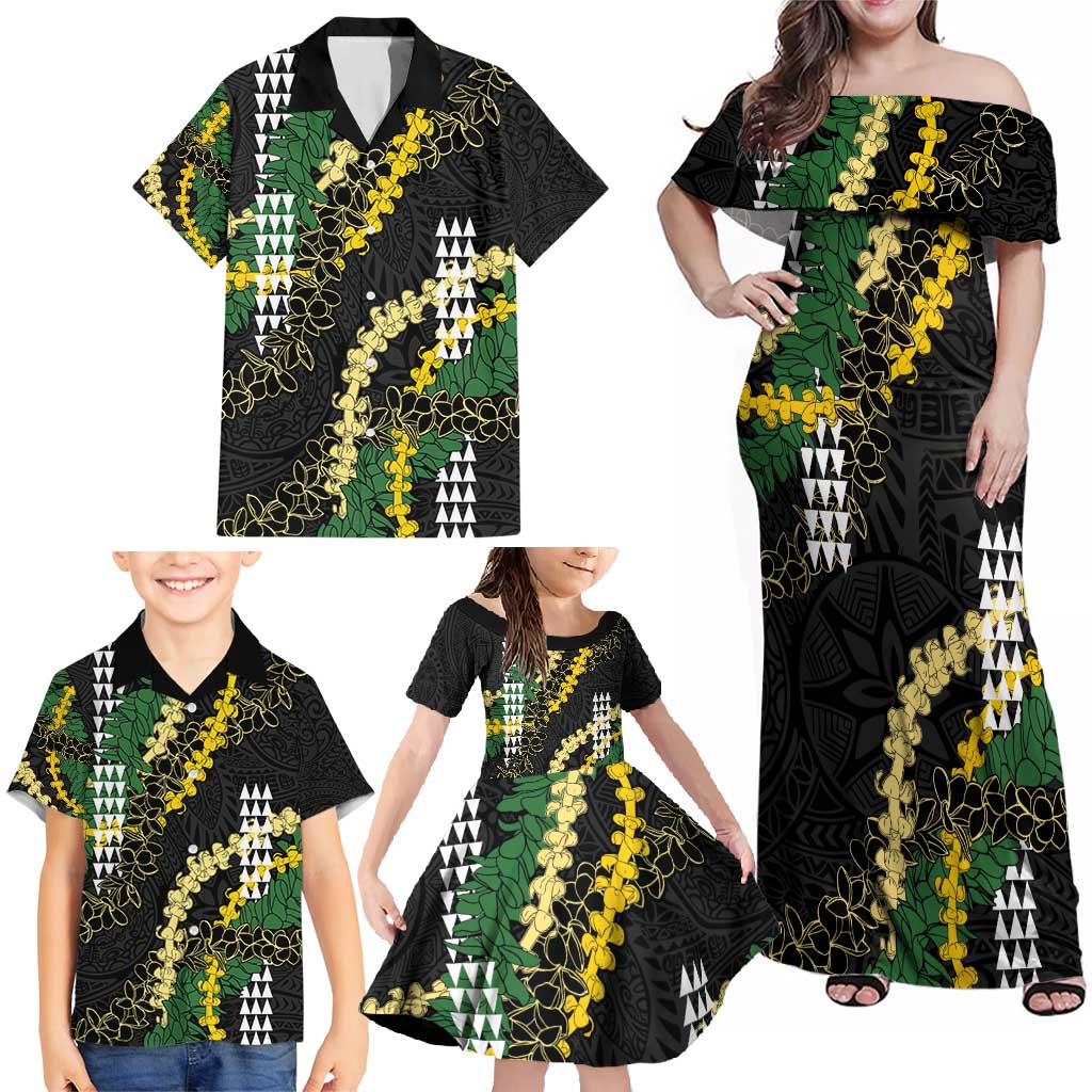 Hawaii Aloha Kakau Family Matching Off Shoulder Maxi Dress and Hawaiian Shirt Puakenikeni and Maile Lei Twist