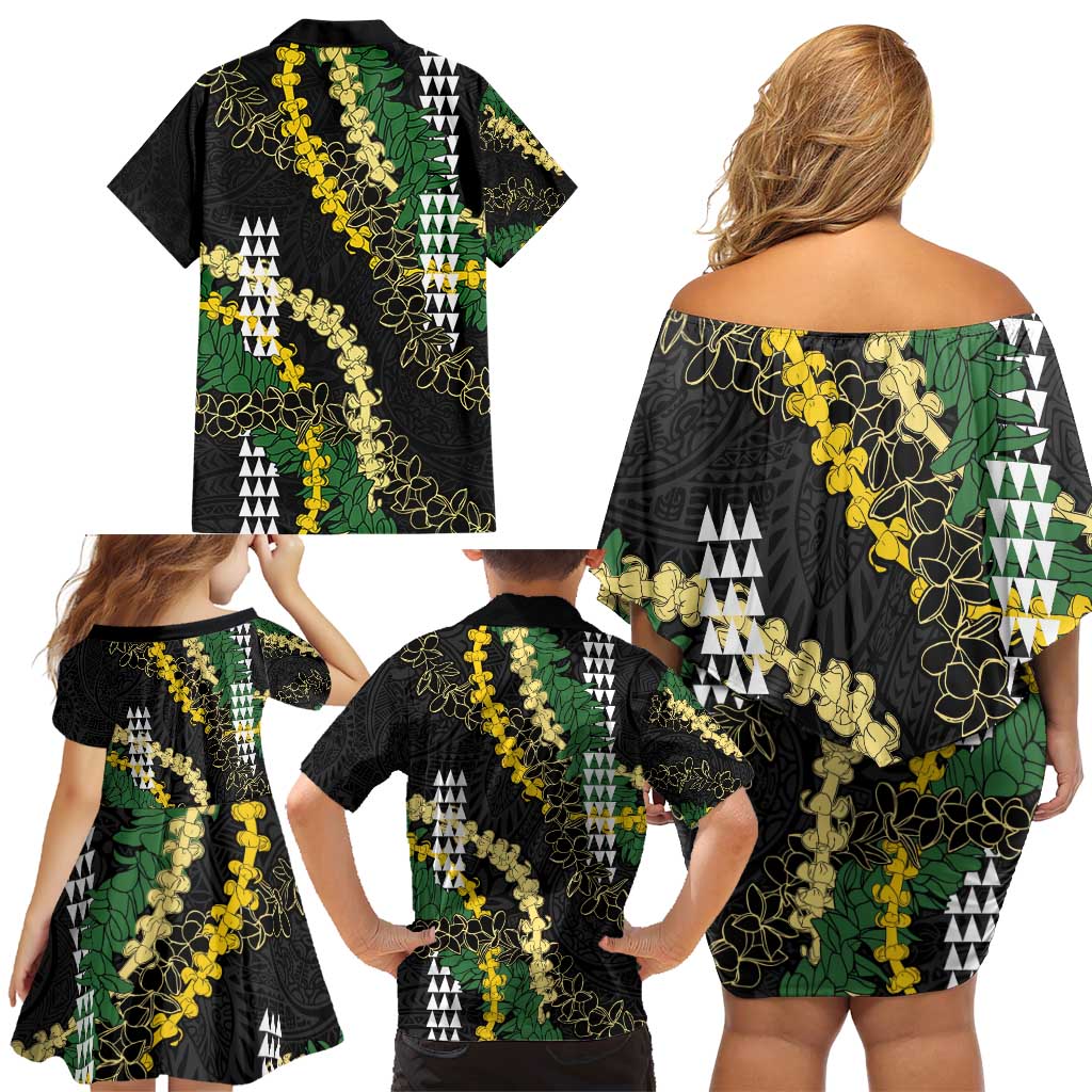 Hawaii Aloha Kakau Family Matching Off Shoulder Short Dress and Hawaiian Shirt Puakenikeni and Maile Lei Twist