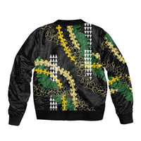 Hawaii Aloha Kakau Sleeve Zip Bomber Jacket Puakenikeni and Maile Lei Twist