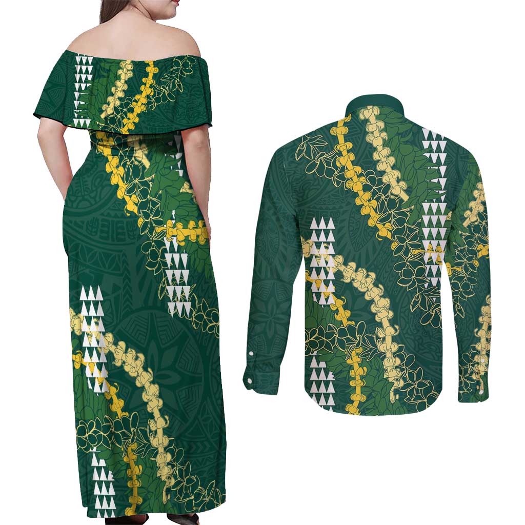 Hawaii Aloha Kakau Couples Matching Off Shoulder Maxi Dress and Long Sleeve Button Shirt Green Puakenikeni and Maile Lei Twist