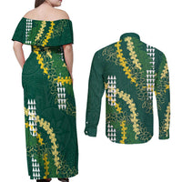 Hawaii Aloha Kakau Couples Matching Off Shoulder Maxi Dress and Long Sleeve Button Shirt Green Puakenikeni and Maile Lei Twist