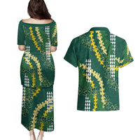Hawaii Aloha Kakau Couples Matching Puletasi and Hawaiian Shirt Green Puakenikeni and Maile Lei Twist