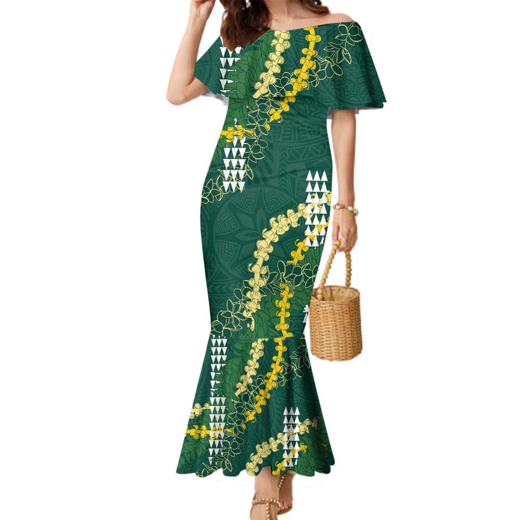 Hawaii Aloha Kakau Family Matching Mermaid Dress and Hawaiian Shirt Green Puakenikeni and Maile Lei Twist