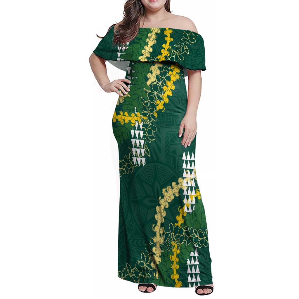Hawaii Aloha Kakau Family Matching Off Shoulder Maxi Dress and Hawaiian Shirt Green Puakenikeni and Maile Lei Twist