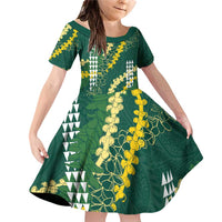 Hawaii Aloha Kakau Family Matching Off Shoulder Short Dress and Hawaiian Shirt Green Puakenikeni and Maile Lei Twist