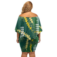 Hawaii Aloha Kakau Family Matching Off Shoulder Short Dress and Hawaiian Shirt Green Puakenikeni and Maile Lei Twist