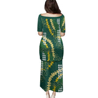 Hawaii Aloha Kakau Family Matching Puletasi and Hawaiian Shirt Green Puakenikeni and Maile Lei Twist