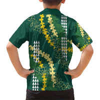 Hawaii Aloha Kakau Family Matching Short Sleeve Bodycon Dress and Hawaiian Shirt Green Puakenikeni and Maile Lei Twist