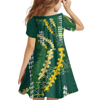 Hawaii Aloha Kakau Family Matching Short Sleeve Bodycon Dress and Hawaiian Shirt Green Puakenikeni and Maile Lei Twist