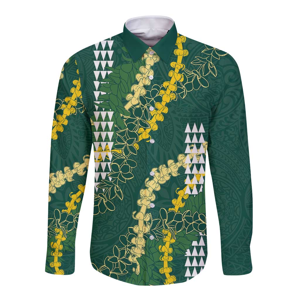 Hawaii Aloha Kakau Long Sleeve Button Shirt Green Puakenikeni and Maile Lei Twist LT7 Unisex Green - Polynesian Pride