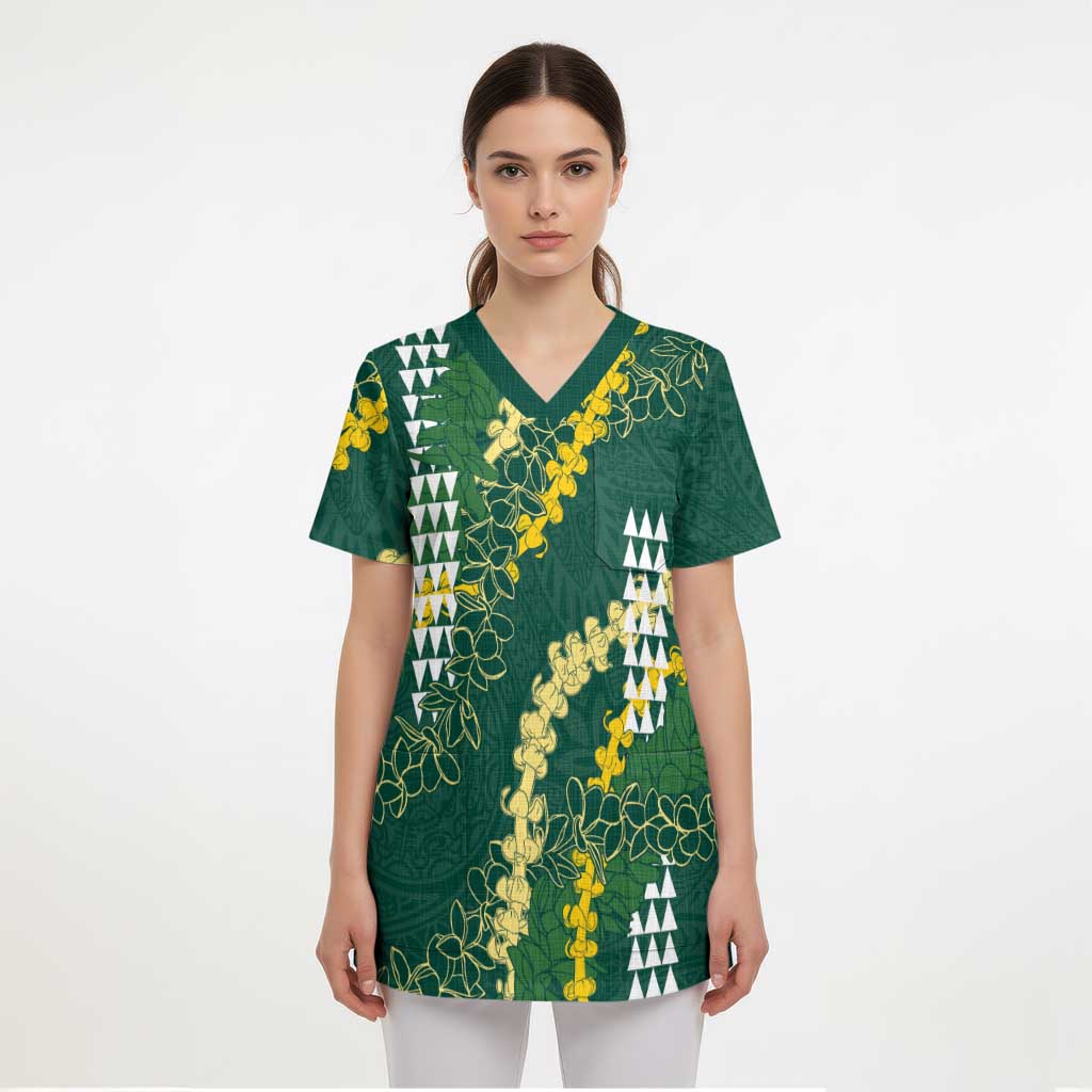 Hawaii Aloha Kakau Scrub Top Green Puakenikeni and Maile Lei Twist - Polynesian Pride