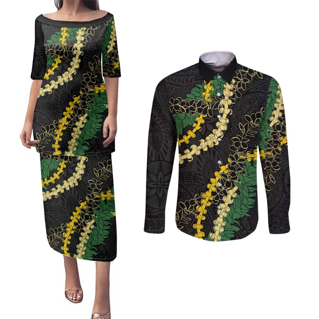 Hawaii Puakenikeni - Maile Lei Couples Matching Puletasi and Long Sleeve Button Shirt Obsidian Black LT7 Black - Polynesian Pride