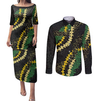 Hawaii Puakenikeni - Maile Lei Couples Matching Puletasi and Long Sleeve Button Shirt Obsidian Black LT7 Black - Polynesian Pride