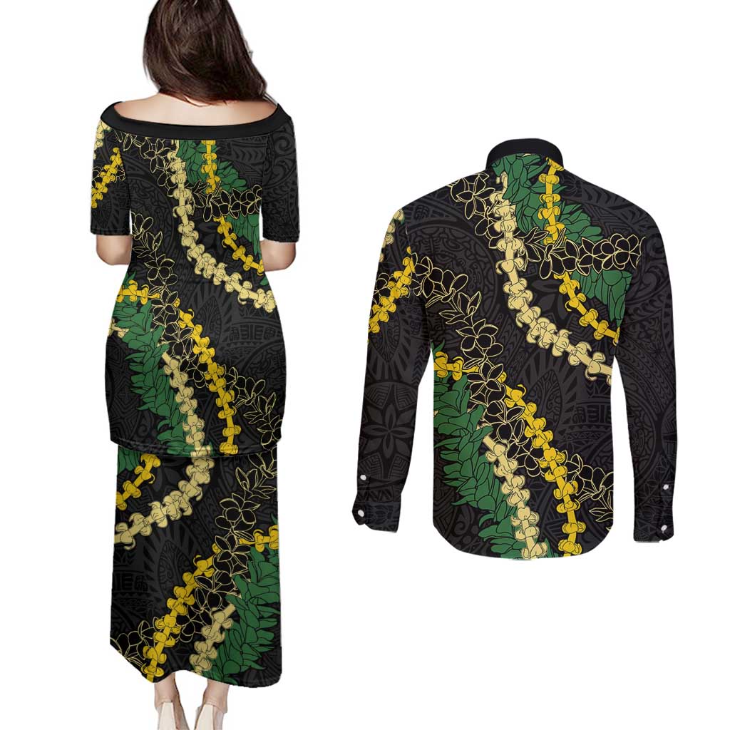 Hawaii Puakenikeni - Maile Lei Couples Matching Puletasi and Long Sleeve Button Shirt Obsidian Black LT7 - Polynesian Pride
