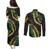 Hawaii Puakenikeni - Maile Lei Couples Matching Puletasi and Long Sleeve Button Shirt Obsidian Black LT7 - Polynesian Pride