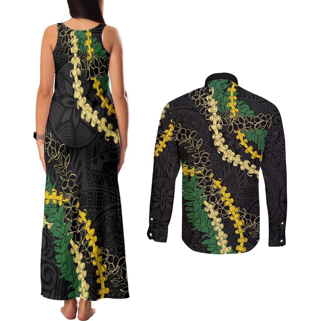 Hawaii Puakenikeni - Maile Lei Couples Matching Tank Maxi Dress and Long Sleeve Button Shirt Obsidian Black LT7 - Polynesian Pride