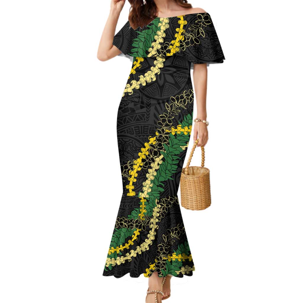 Hawaii Puakenikeni - Maile Lei Family Matching Mermaid Dress and Hawaiian Shirt Obsidian Black