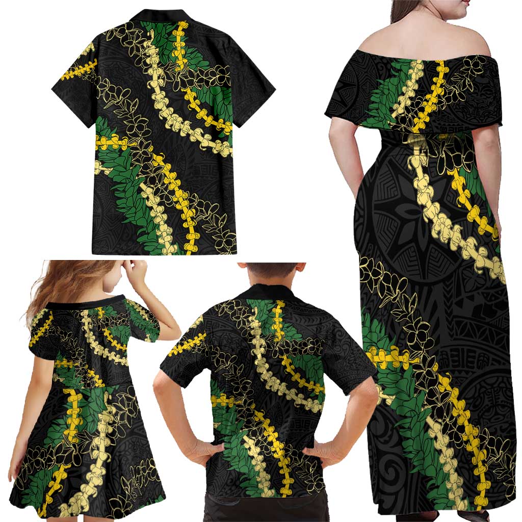 Hawaii Puakenikeni - Maile Lei Family Matching Off Shoulder Maxi Dress and Hawaiian Shirt Obsidian Black