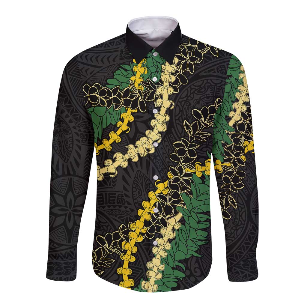 Hawaii Puakenikeni - Maile Lei Long Sleeve Button Shirt Obsidian Black LT7 Unisex Black - Polynesian Pride